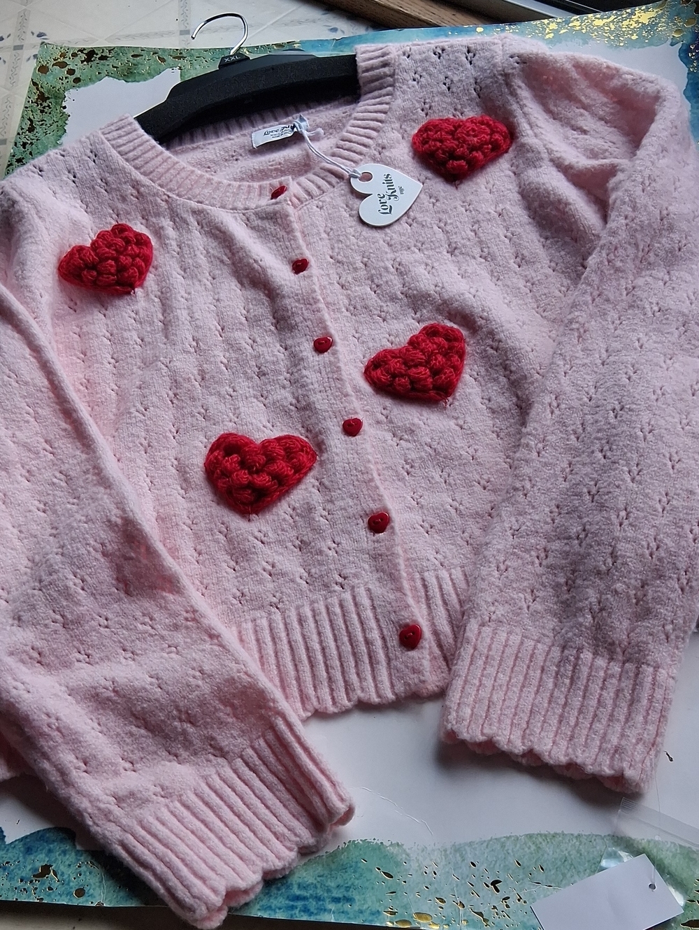 Love  Knits Button Down  PinkCardigan Sweater with Red Hearts